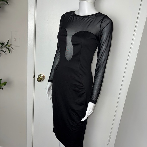 Commense Black Sheer Mesh Long Sleeve Bodycon Midi‎ Dress Cut Out Party Size M - Picture 16 of 17